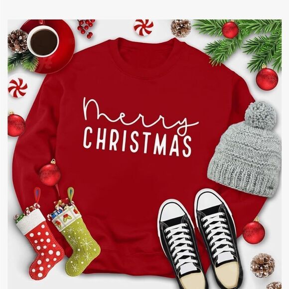Merry Christmas Red White Top Sweatshirtrt L - Picture 1 of 6
